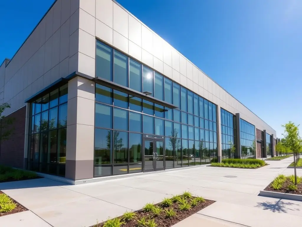 A well-maintained commercial building exterior with clean windows and manicured landscaping, showcasing the comprehensive facility management services offered by Hausmeisterservice Abboud.