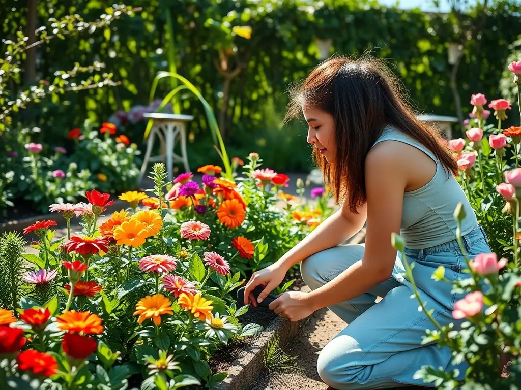 A gardener from Hausmeisterservice Abboud planting flowers in a garden bed, highlighting their planting and maintenance services.