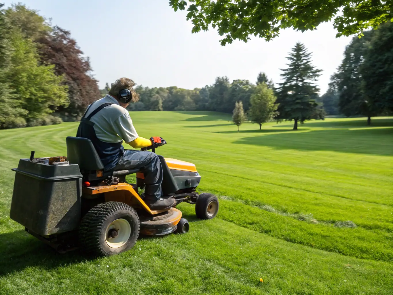 A lush green lawn being mowed by a professional gardener from Hausmeisterservice Abboud, showcasing their lawn care service.