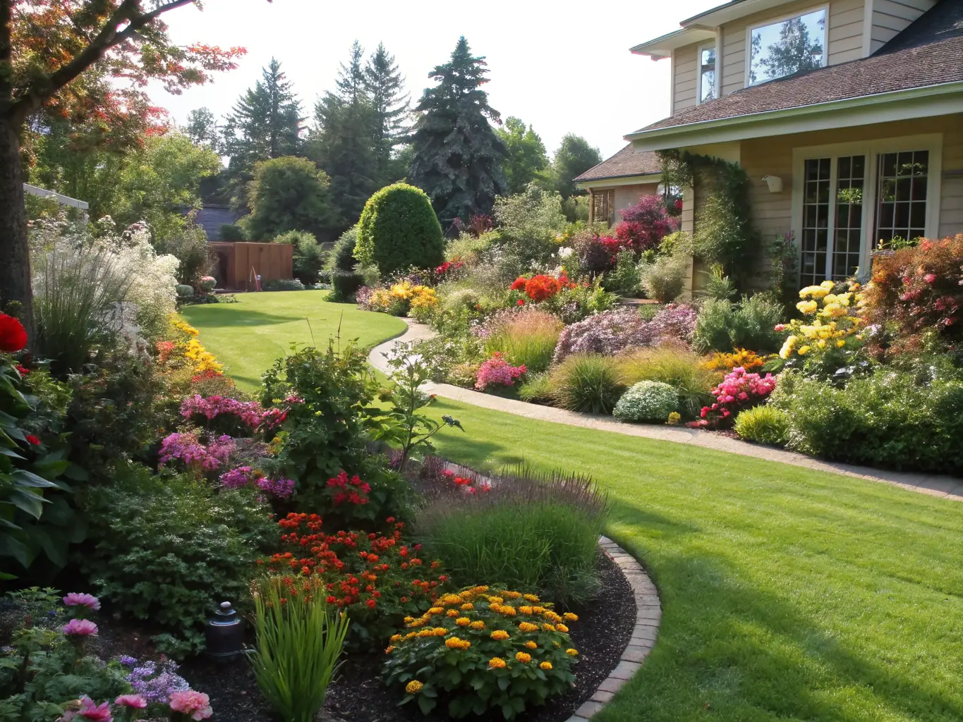 A lush, green garden cared for by Hausmeisterservice Abboud, demonstrating their gardening services with vibrant plants and a neatly trimmed lawn.
