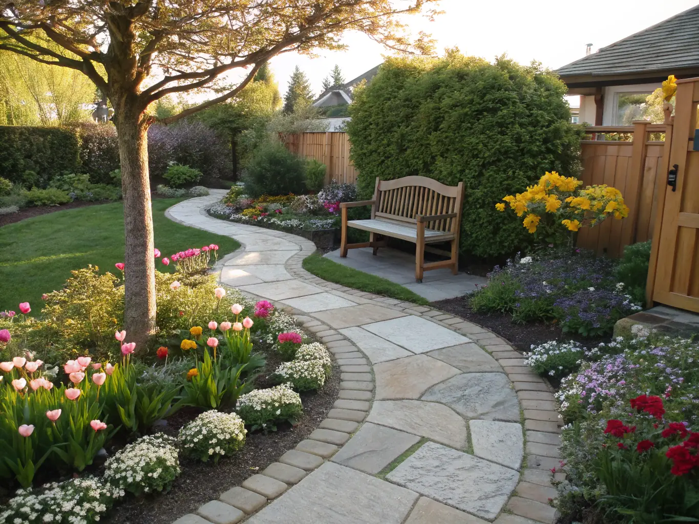 A beautifully landscaped garden designed and maintained by Hausmeisterservice Abboud, featuring colorful flowers and shrubs.